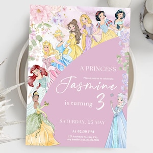 May include: A princess-themed invitation with watercolor illustrations of various princesses. The invitation is pink and features the name "Jasmine" and the number "3". The date and time of the party are also included.