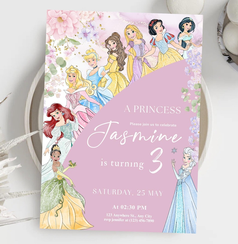 May include: A princess-themed invitation with watercolor illustrations of various princesses. The invitation is pink and features the name "Jasmine" and the number "3". The date and time of the party are also included.