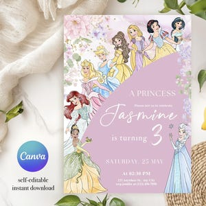 May include: A princess-themed invitation featuring illustrations of various princesses. The invitation is lavender with floral accents and includes the text "A Princess Jasmine is turning 3". The Canva logo is visible.