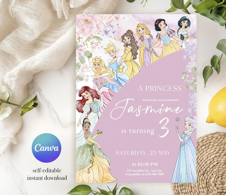 May include: A princess-themed invitation featuring illustrations of various princesses. The invitation is lavender with floral accents and includes the text "A Princess Jasmine is turning 3". The Canva logo is visible.