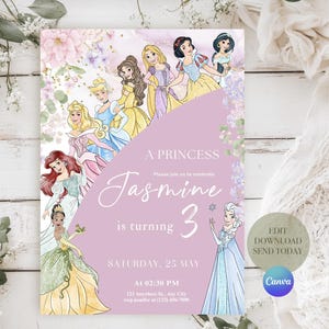 May include: A princess-themed invitation with illustrations of several princesses. The invitation is lavender with the text "A Princess" and "Jasmine is turning 3". The date and time are also included.