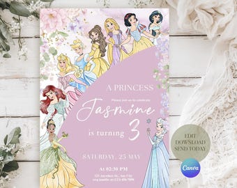 May include: A princess-themed invitation with illustrations of several princesses. The invitation is lavender with the text "A Princess" and "Jasmine is turning 3". The date and time are also included.
