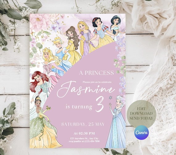 Pink Princess Birthday Editable Invitation Flower Theme Invite  Canva Template (5x7 inch Printable)