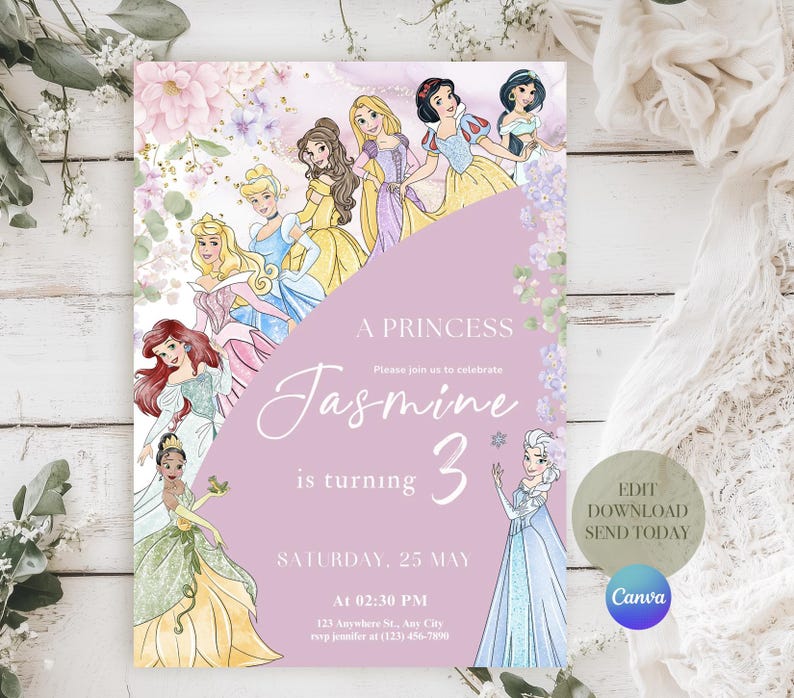 May include: A princess-themed invitation with illustrations of several princesses. The invitation is lavender with the text "A Princess" and "Jasmine is turning 3". The date and time are also included.