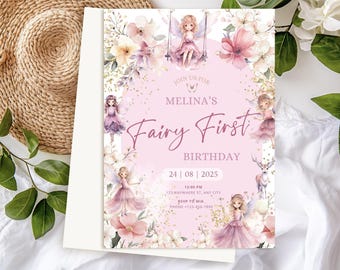 Fairy First Birthday Invitation: Floral Garden Party, Editable Canva Template