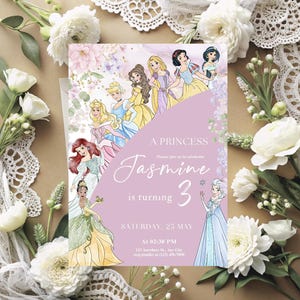 May include: A princess-themed invitation with illustrations of Disney princesses. The invitation is lavender with the text "A Princess Jasmine is turning 3" and event details. Floral and lace accents surround the invitation.