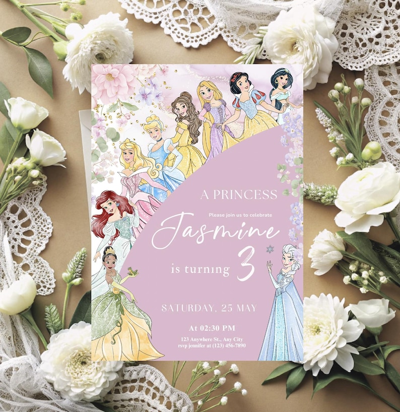 May include: A princess-themed invitation with illustrations of Disney princesses. The invitation is lavender with the text "A Princess Jasmine is turning 3" and event details. Floral and lace accents surround the invitation.