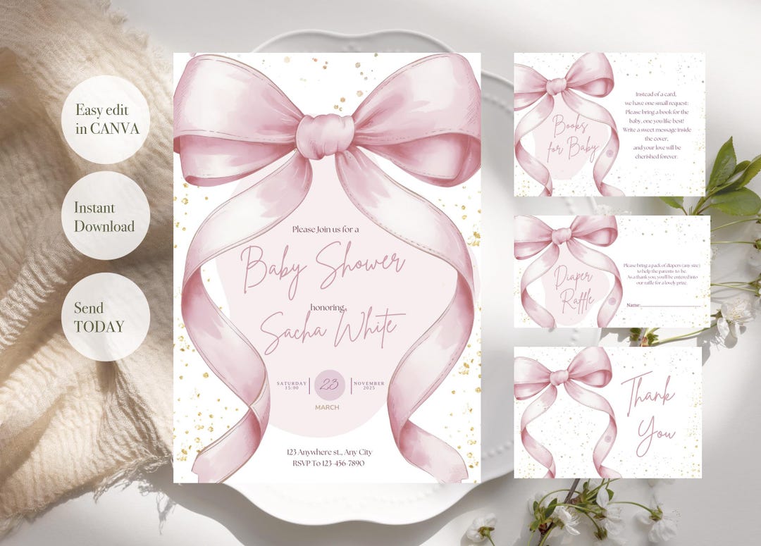 Pastel Pink Bow Baby Shower Invitation Bundle : Editable Canva Template ...