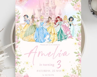 May include: A party invitation featuring illustrations of Disney princesses in colorful gowns, with a castle backdrop. The invitation is for Amelia's 3rd birthday, with event details in pink script and text.
