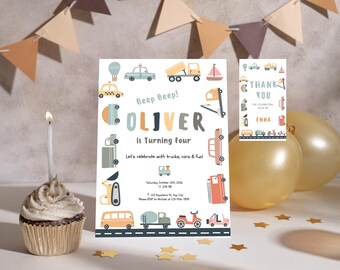 May include: A birthday party invitation with a cupcake and balloons. The invitation features illustrations of vehicles and the text "Oliver is Turning Four." A matching thank you card is also present.