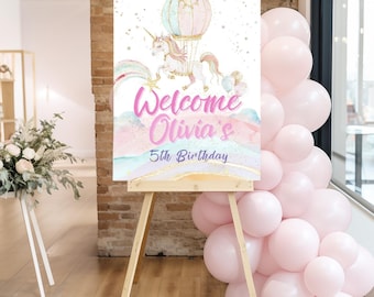 Bearbeitbares Pastelleinhorn-Geburtstag-Willkommens-Zeichen-Party-Dekor (Canva-Vorlage druckbares Poster)