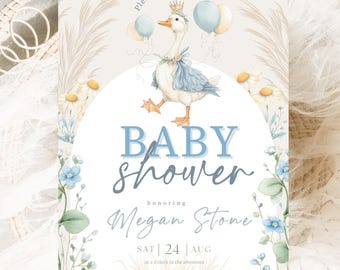 Alberne Gans-Babyparty-Einladung: Bearbeitbares blaues Blumen, rustikales Thema (Canva-Vorlage)