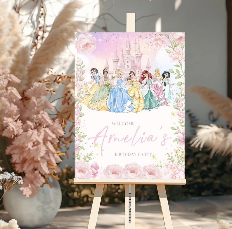 Princess Birthday Welcome Sign, Pink Castle Party Decor (canva Template ...