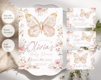 Butterfly Baby Shower Invitation Bundle : Editable Canva Template  (Digital Download)