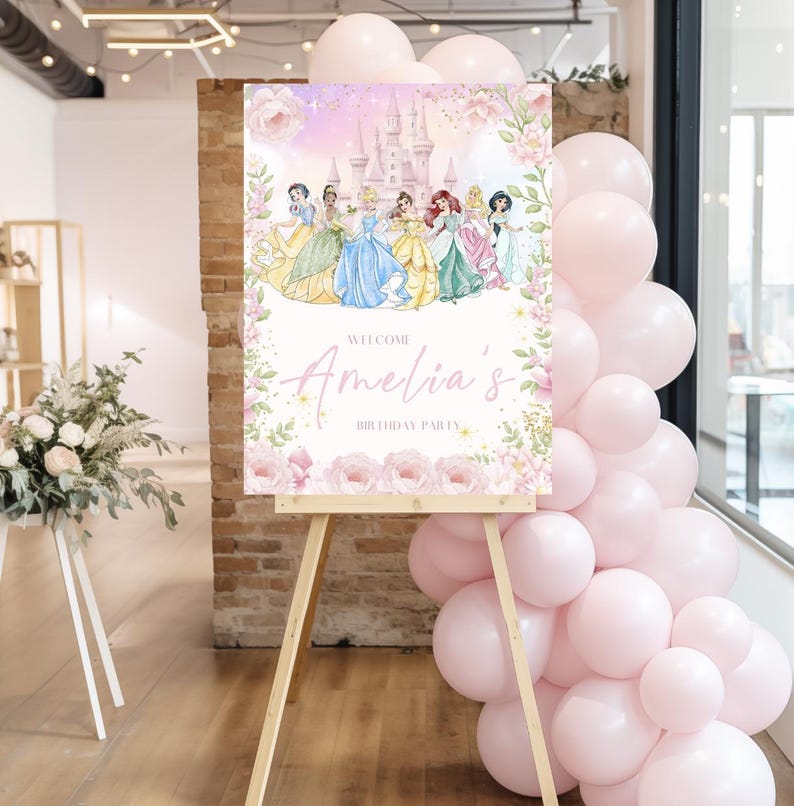 Princess Birthday Welcome Sign, Pink Castle Party Decor (canva Template ...