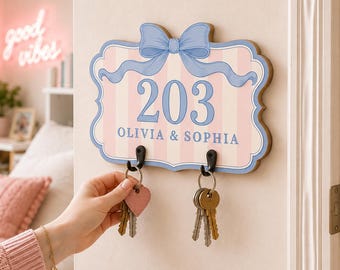 Personalized Wooden Key Holder, Pink Striped Dorm Room Sign With Blue Bow