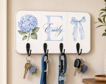 Personalized Wooden Key Holder, Hydrangea Monogram Plaque