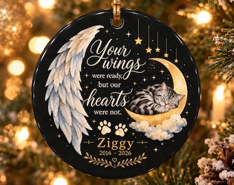 Personalized Ceramic Ornament: Cat Memorial Angel Wing Moon Christmas Tree Decor