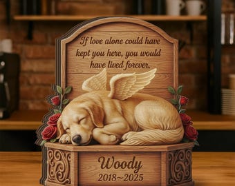 Personalized Wooden Block, Pet Memorial Urn Design: Sleeping Dog with Wings, Name and Dates