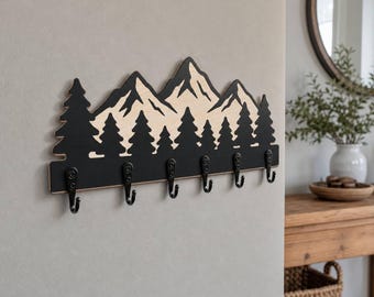 Wooden Mountain Key Holder: Black Pine Tree Wall Rack