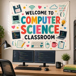 Computer Science Tapestry, Classroom Wall Decor, Coding Theme Design