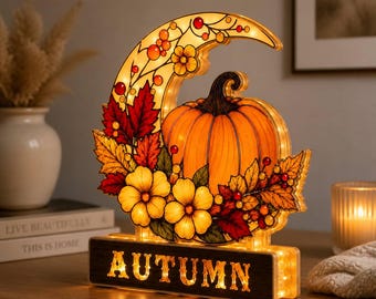 Autumn Pumpkin Light Box, Crescent Moon Floral Tabletop Fall Decor