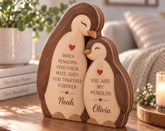 Personalized Wooden Block Decor, Penguin Couple, Rustic Love Sign With Message