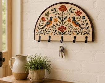 Botanical Wooden Key Holder, Floral Bird Wall Organizer, Rustic Arched Entryway Rack