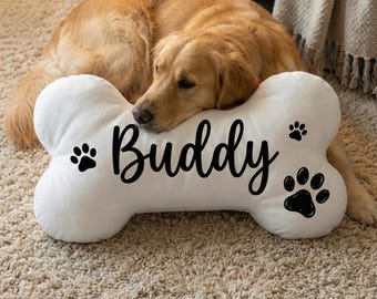 Personalized Dog Bone Pillow: Custom Name Print, Paw Pattern, White Plush Pillow