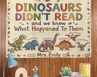 Personalized Dinosaur Tapestry, Classroom Reading Wall Decor, Custom Teacher Name