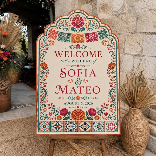 Letrero personalizado para boda latina, diseño floral en papel picado, decoración de arco de bienvenida