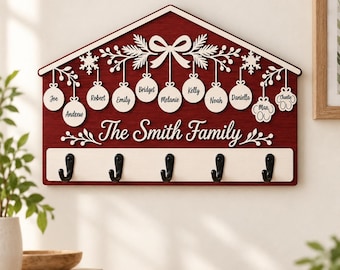 Personalized 2 Layer Key Holder: Wooden Christmas Family Wall Organizer, Red White Holiday Decor
