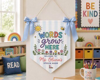 Personalized Classroom Pennant, Speech Therapy Floral Wall Hanging