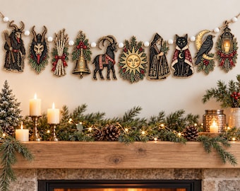 Krampus Christmas Wooden Garland with Yule Folk Art and White Beads