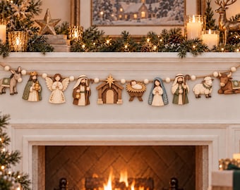 Personalized Wooden Garland: Nativity Christmas Mantel Decor