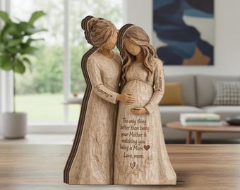 Personalized Pregnant Mom Wooden Block, Mother Daughter Gift, Custom Names, Wood Decor