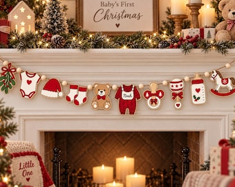 Personalized Wooden Garland: Baby First Christmas Nursery Mantel Decor