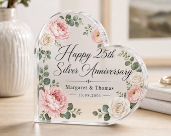 Personalized 25th Anniversary Acrylic Plaque, Heart Shaped Floral Couple Names Keepsake