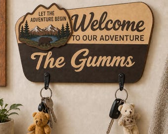 Personalized Adventure Couple Key Holder, Wood Wall Rack with Family Name