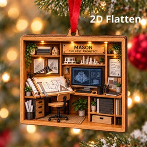 May include: A wooden rectangular ornament featuring a miniature architect office diorama with a desk, chair, computer monitor displaying blueprints, drafting table, shelves with books, potted plants, and a sign reading MASON THE BEST ARCHITECT.