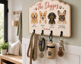 Personalized Wooden Dog Leash Key Holder, Custom Pet Portrait Plaque