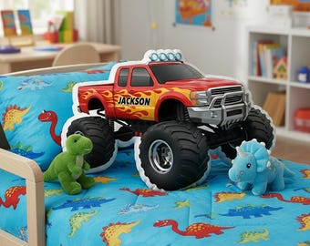 Personalized Monster Truck Plush Pillow: Name Printed Vehicle Cushion, Red Flame Truck Design