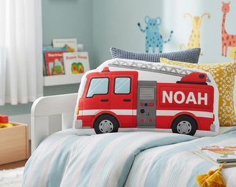 Cojín de peluche personalizado de camión de bomberos: Impresión de nombre personalizado, cojín rojo con forma de escalera