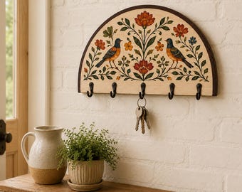 Botanical Wooden Key Holder, Floral Bird Wall Organizer, Rustic Arched Entryway Rack
