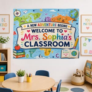 May include: A rectangular wall tapestry featuring a colorful world map background with the text A NEW ADVENTURE BEGINS WELCOME TO Mrs. Sophia's CLASSROOM. The design includes illustrations of a globe, books, a pencil, and a small open book.