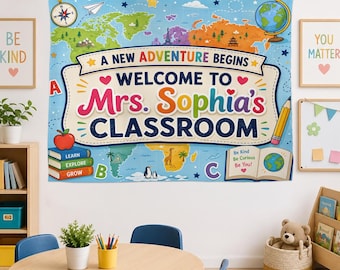 Personalized Classroom Tapestry, Welcome Wall Decor, World Map Adventure Design