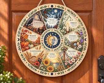 Personalized Wooden Sign: Wheel of the Year Seasonal Calendar, Round Pagan Wall Decor