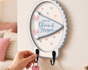 Personalized Wooden Key Holder: Blue Gingham Dorm Room Pennant Scalloped Wall Plaque
