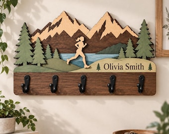 Personalized Running Medal Hanger, Wooden Wall Hook Rack, Mountain Runner Display