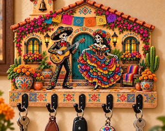 Botanical Wooden Key Holder: Day of the Dead Mexican Folk Art, Skeleton Couple Wall Organizer